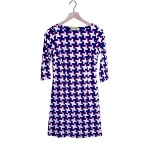 ELIZABETH MCKAY Navy and Orange funky 70s mod Geometric bodycon dress S